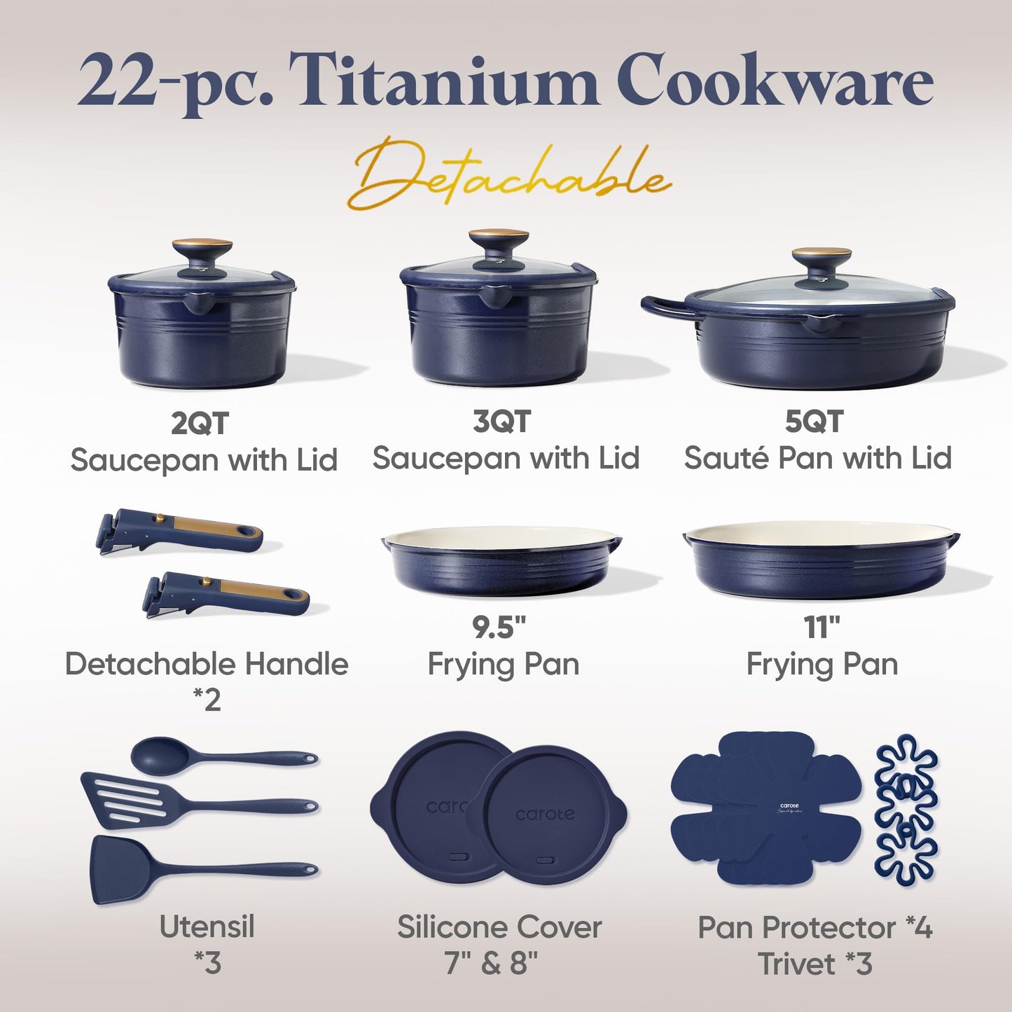 CAROTE 17Pcs Titanium Pots and Pans Set, Cookware Set Nonstick, Kitchen Cooking Set with Detachable Handle, RV/Camping Cookware, Dishwasher/Oven Safe, Grey