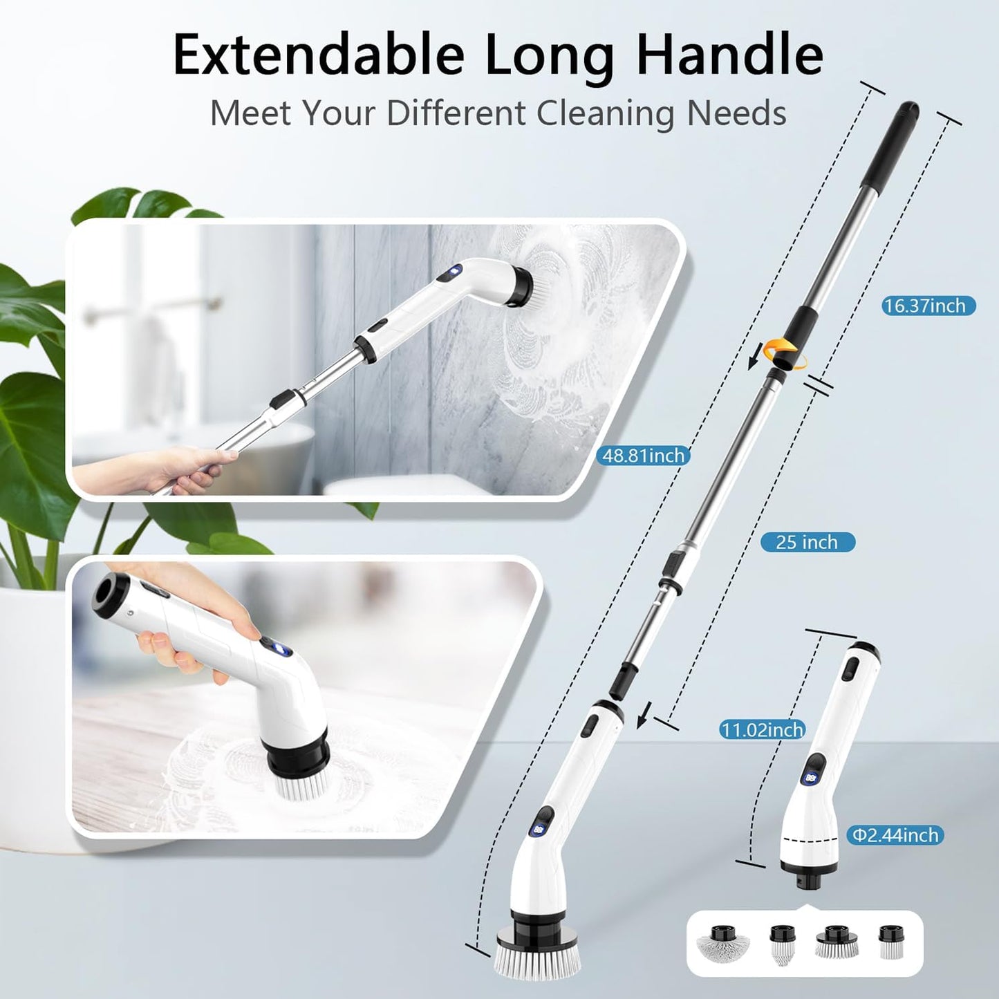 TUYU Electric Spin Scrubber - Cordless IPX7 Waterproof Bathroom Cleaner with Adjustable Handle | Powerful LCD Display