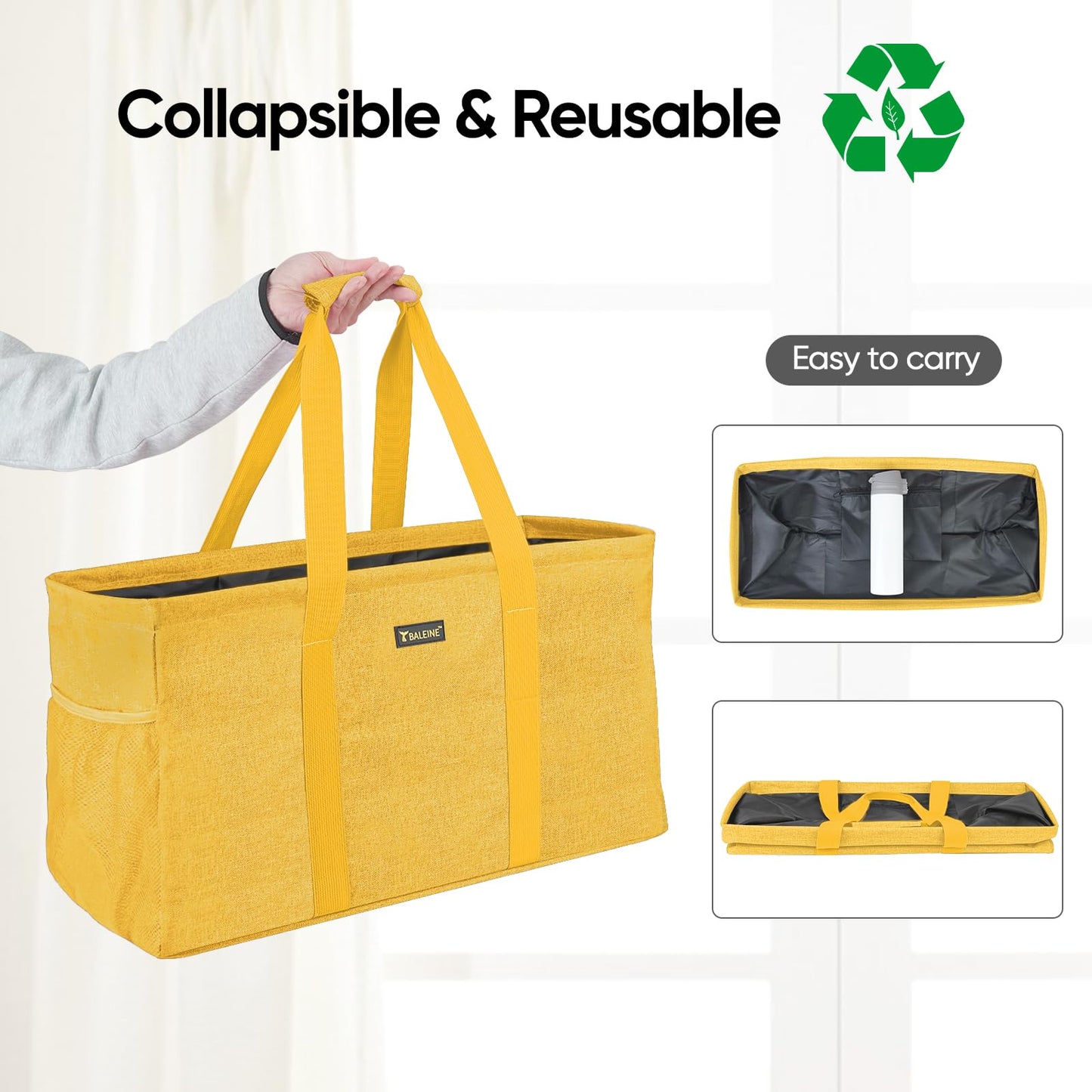 BALEINE Extra Large Utility Tote Bag with Reinforced Wire Frame, Reusable Grocery Bag for Shopping, Picnic (Yellow, 22''x12''x10'')