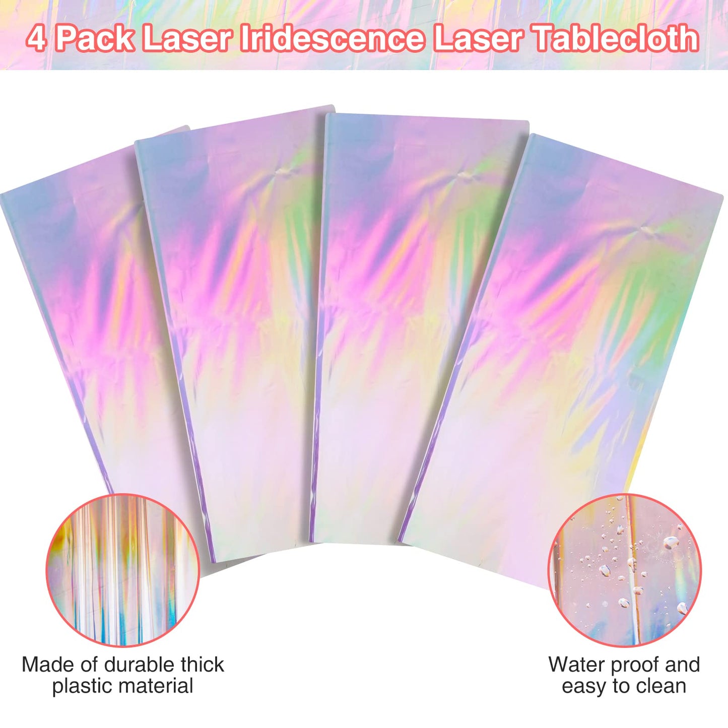FunnyPars 4 Pack Iridescent Plastic Tablecloths, Shiny Disposable Laser Rectangle Table Covers, Holographic Foil Tablecloth Iridescent Birthday Party Supplies Decorations
