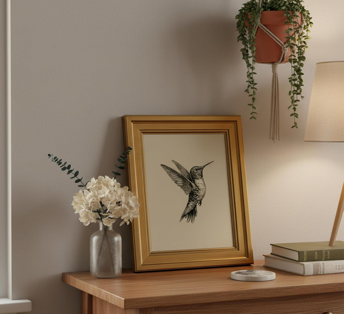 MDHFJEAW Vintage Gold Framed Hummingbird Wall Art - Retro Black and White Canvas Print, 9x11 In