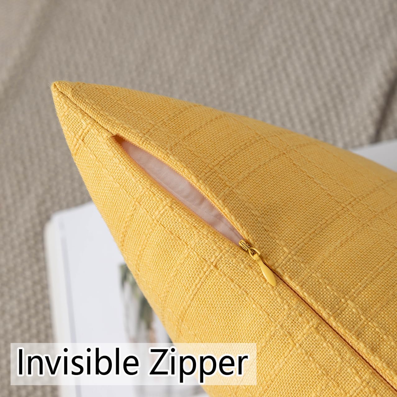 UGASA Outdoor Throw Pillow Covers - Waterproof Plaid Texture | Decorative Lumbar Cushions, 12x20 Inch, Yellow (Pack of 2)