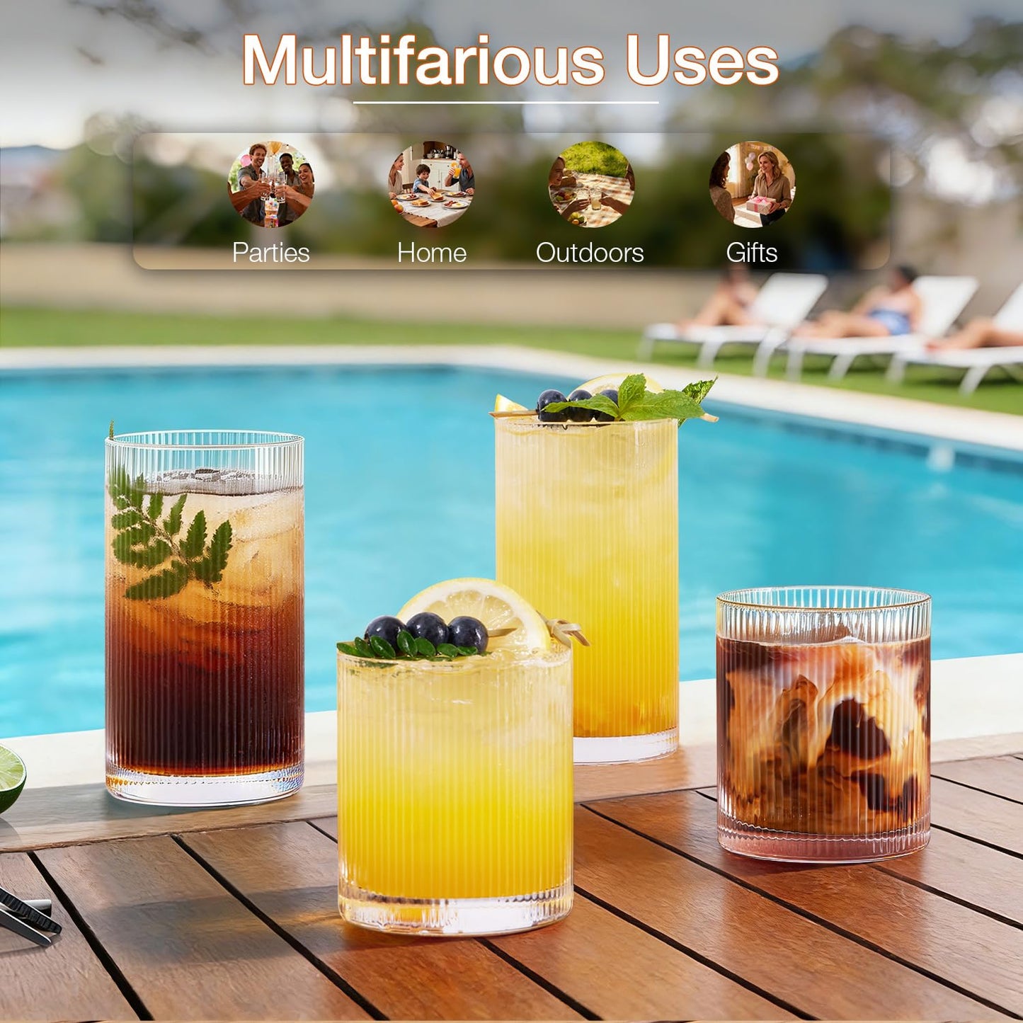 LUNA & MANTHA Drinking Water Glasses Set, Lead-Free Crystal Highball Glass, Tall Glass Cups for Cocktail Parties,ribbed set of 8,17oz&12oz