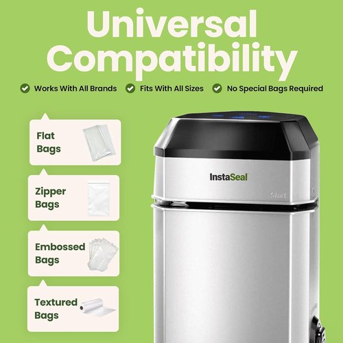 InstaSeal Vacuum Sealer - Preserves Food 5X Longer with 12 Bags | Compact Upright Design for Sous Vide Cooking