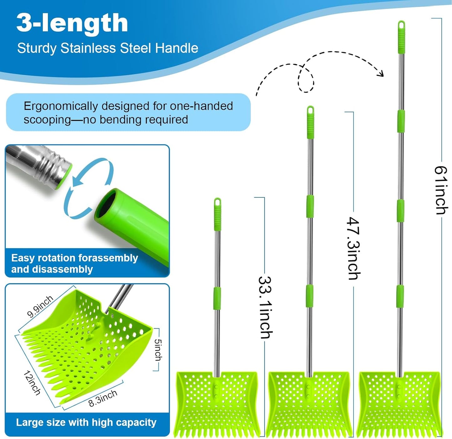 Skiennix 12-Inch Chicken Poop Scooper & Rake - Stainless Steel Handle with 3-Shape Sifting Holes | Adjustable 20-61" (Green)