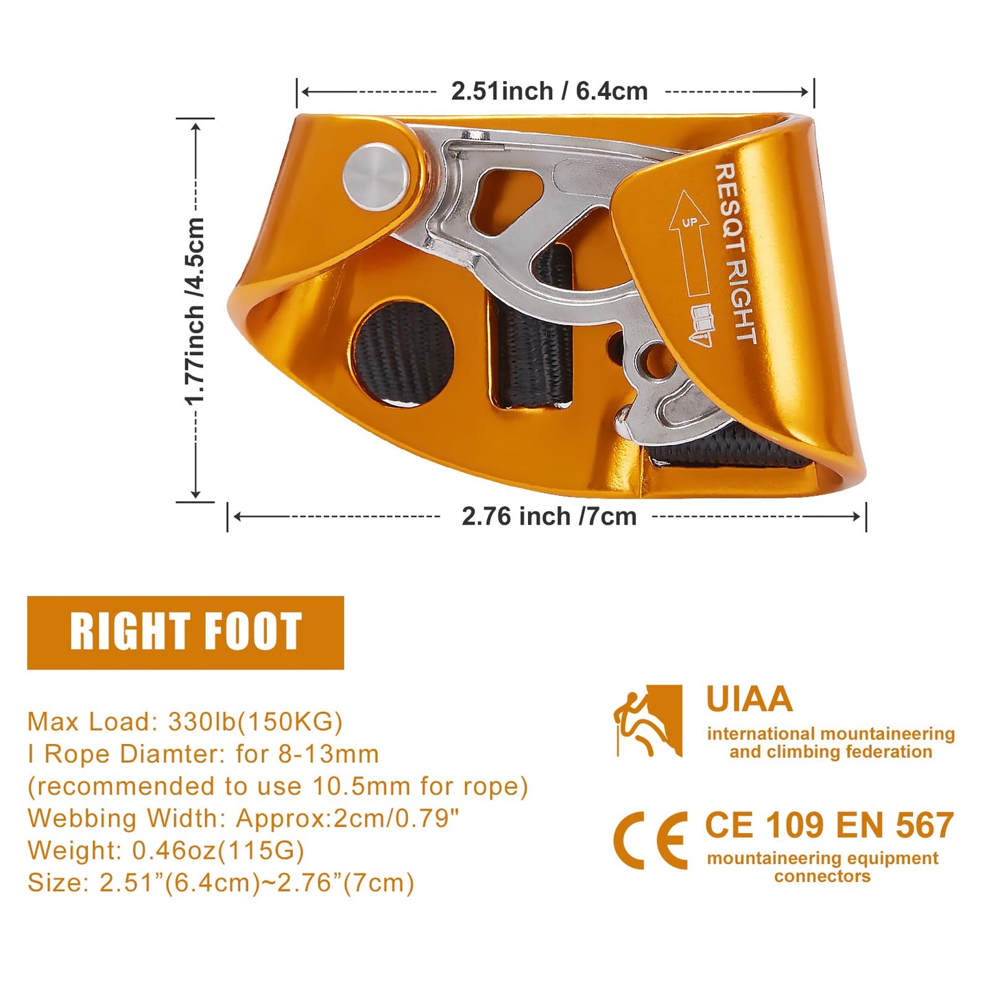 RESQT Foot Ascender, Outdoor Rock Climbing Tree Arborist, Mountaineering Rappelling Equipment Climbing Device for 8-13mm Rope（Left Black+Right Orange）