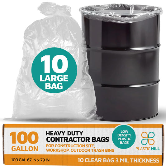 PlasticMill Contractor Bags Heavy Duty - Commercial, Industrial Garbage Bags - Clear Construction Trash Bags - Outdoor, Garden Trash Bags, 100-Gallon, 3 Mil, 67"x79" (10-Count)
