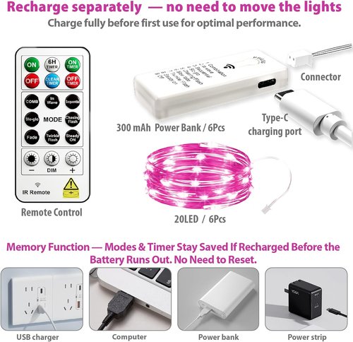 HXWEIYE Rechargeable Fairy Lights - 6 Pack Mini Twinkle String Lights with Remote & Timer | 7ft, Pink