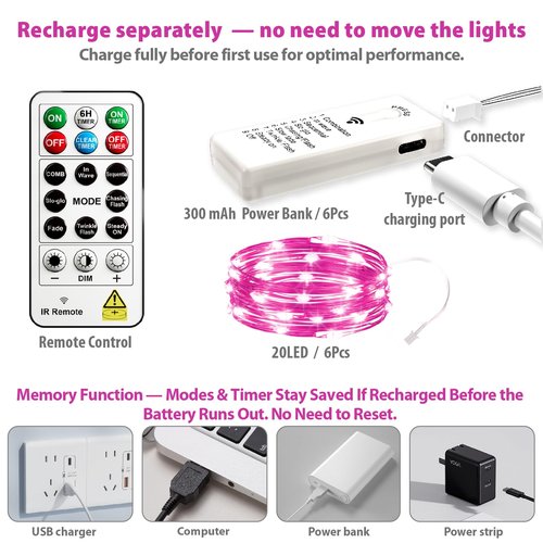 HXWEIYE 6 Pack Rechargeable Fairy Lights Battery Operated with Remote & DIY Timer, 7ft 20LED Mini Twinkle String Light for Mason Jar DIY Wedding Table Centerpieces Party Bedroom Christmas (Pink)