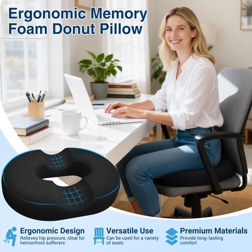 CushZone Donut Pillow Seat Cushion for Postpartum Pregnancy, Large Ergonomic Chair Seat Cushions, Office Chair Cushion, Breathable Hemorrhoid Pillow, Lifting Chair Pads for After Surgery(Black)