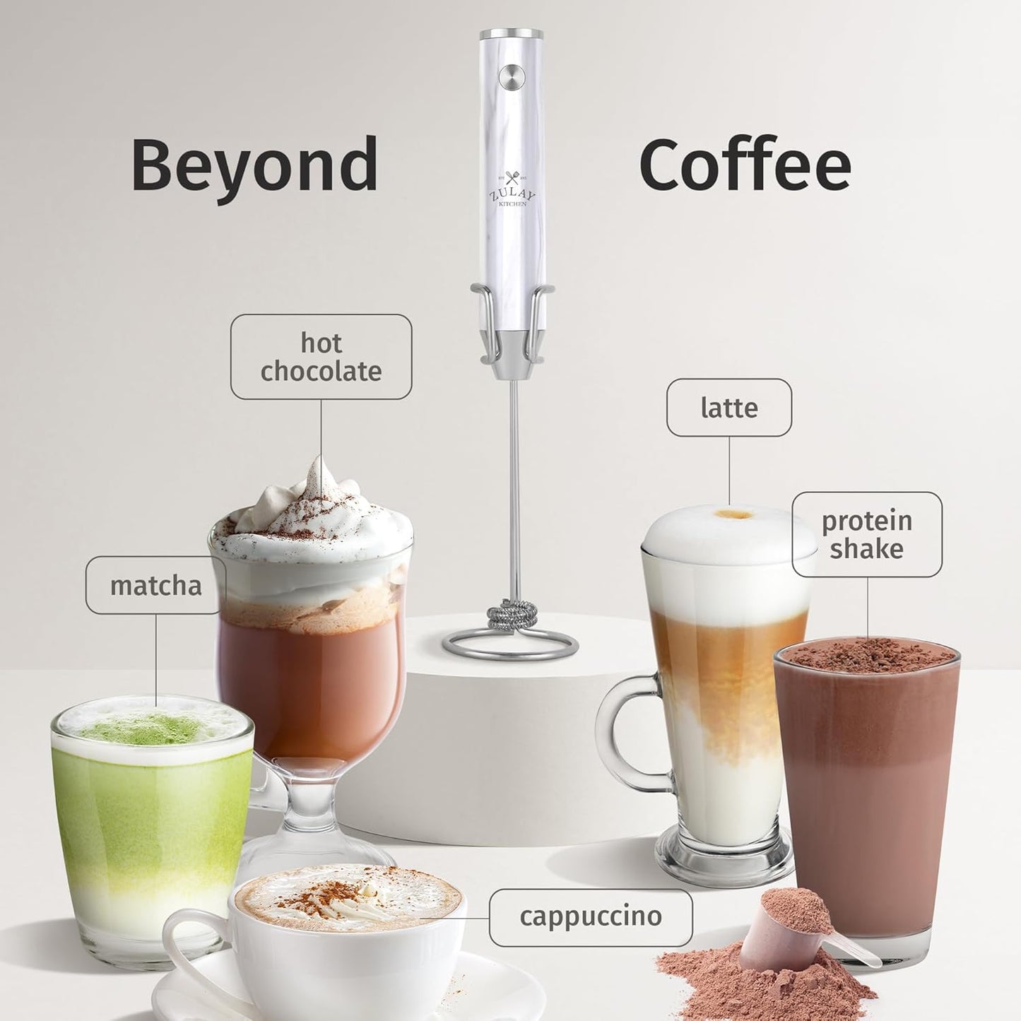 Zulay Kitchen Rechargeable Milk Frother - Powerful 2-Speed Motor, Waterproof, 2000mAh Battery | White Marble Drink Mixer for Lattes, Cappuccinos & Matcha