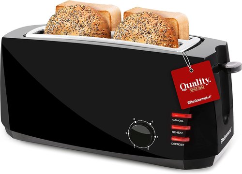 Elite Gourmet Long Slot 4-Slice Toaster - 6 Toast Settings, Defrost & Reheat Functions, Black