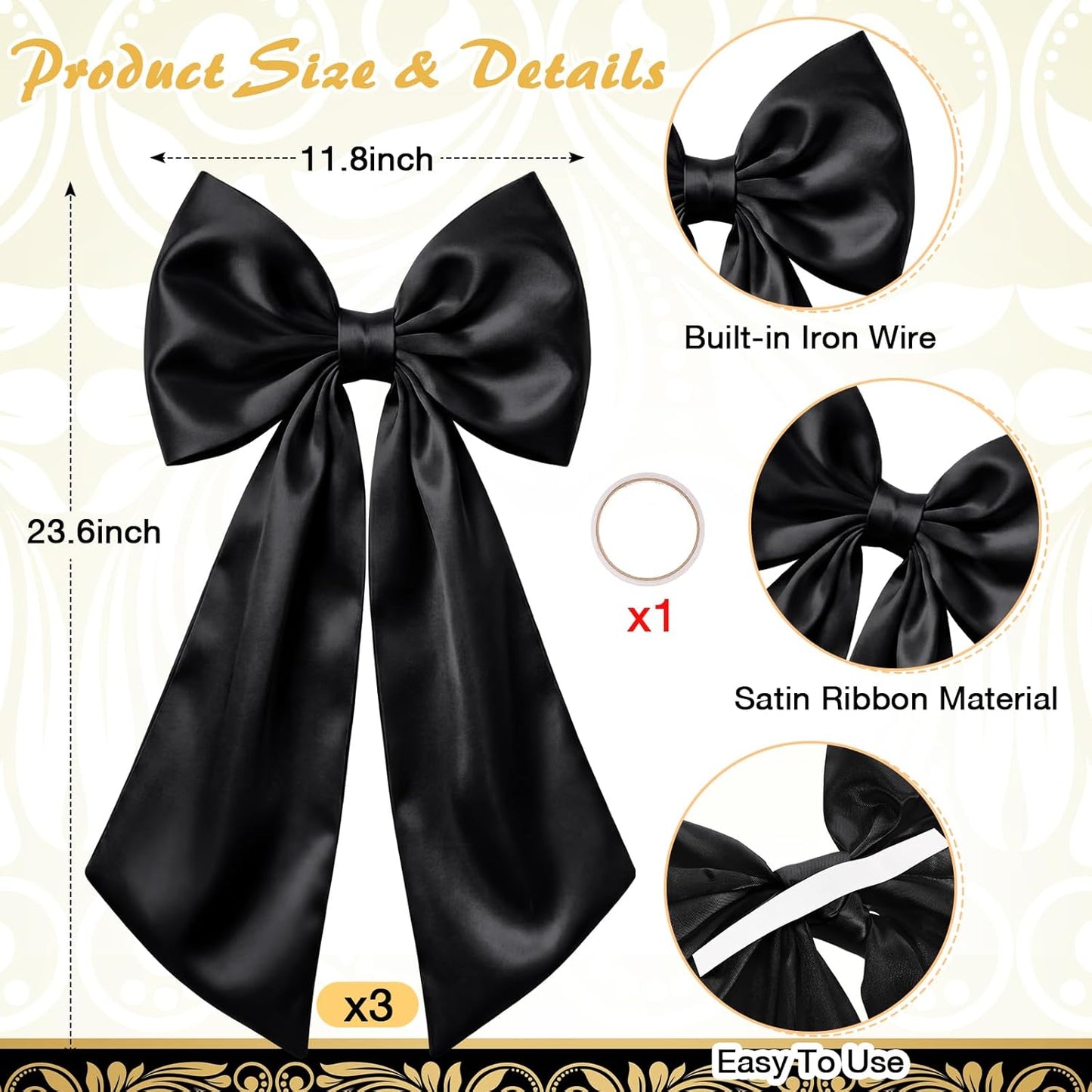 Suncalla Large Satin Bow Decorations - 3 Pcs 2 FT for Weddings, Parties & Home Decor | Black