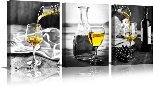 Kitchen Wall Art for Dining Room,Wine Painting Artwork Poster Black White Canvas yellow Wine In Cups Pictures For Home Decorations