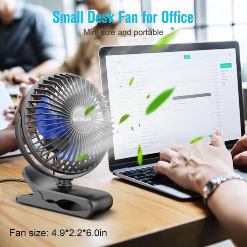 BESKAR Portable USB Clip-On Fan - 3 Speed Quiet Desk Fan with Strong Airflow & Sturdy Clamp