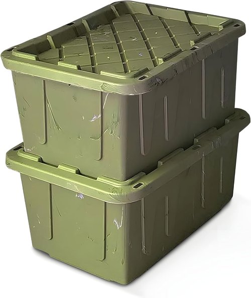 HOMZ Heavy Duty Plastic Storage Bins - 27 Gallon Green Camo Tote with Lids | 2-Pack Stackable Organizers
