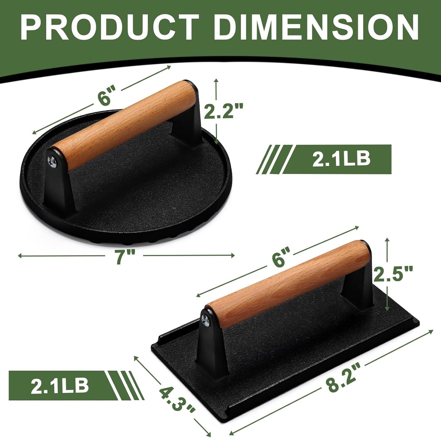 Skiennix Burger Press - Heavy-Duty Cast Iron Round & Rectangle with Wood Handle - Perfect for Griddles & Sandwiches