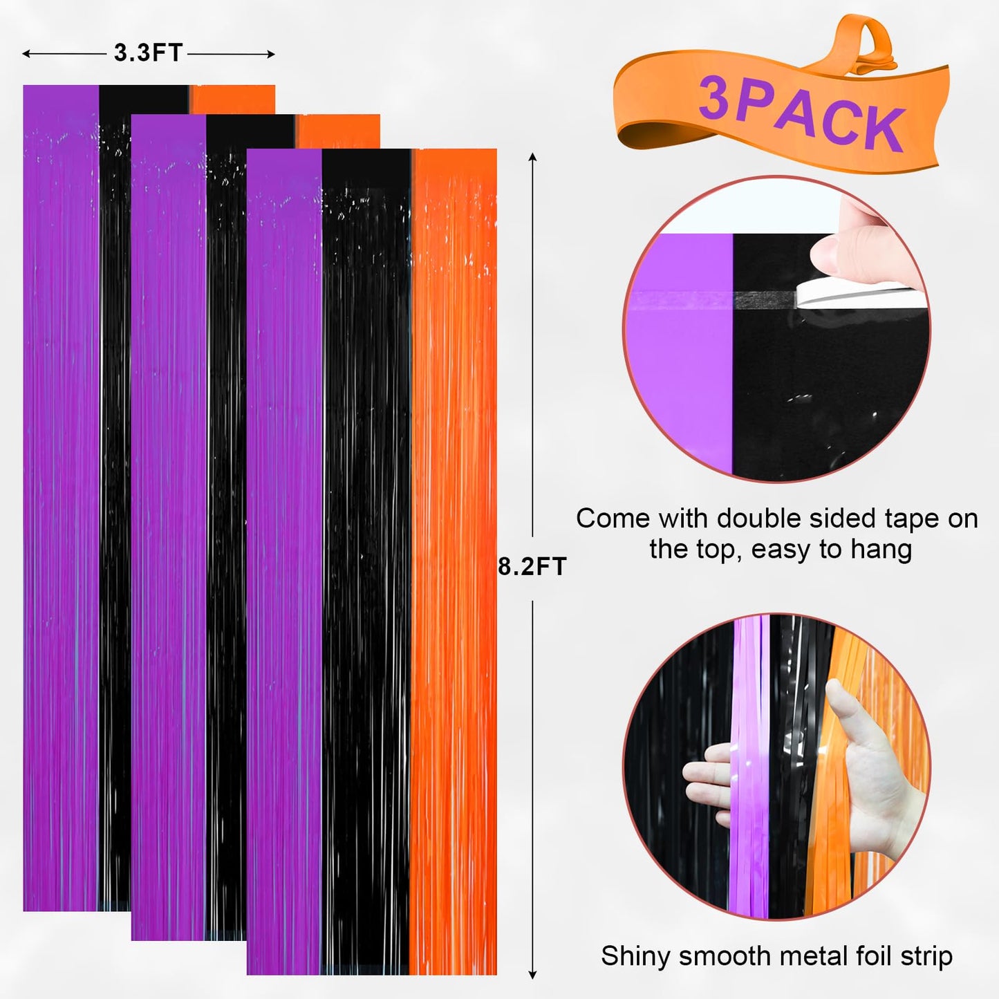 Voircoloria 3 Pack 3.3 x 8.2 ft Halloween Foil Fringe Backdrop Curtains, Tinsel Streamers Party Decorations, Fringe Backdrop