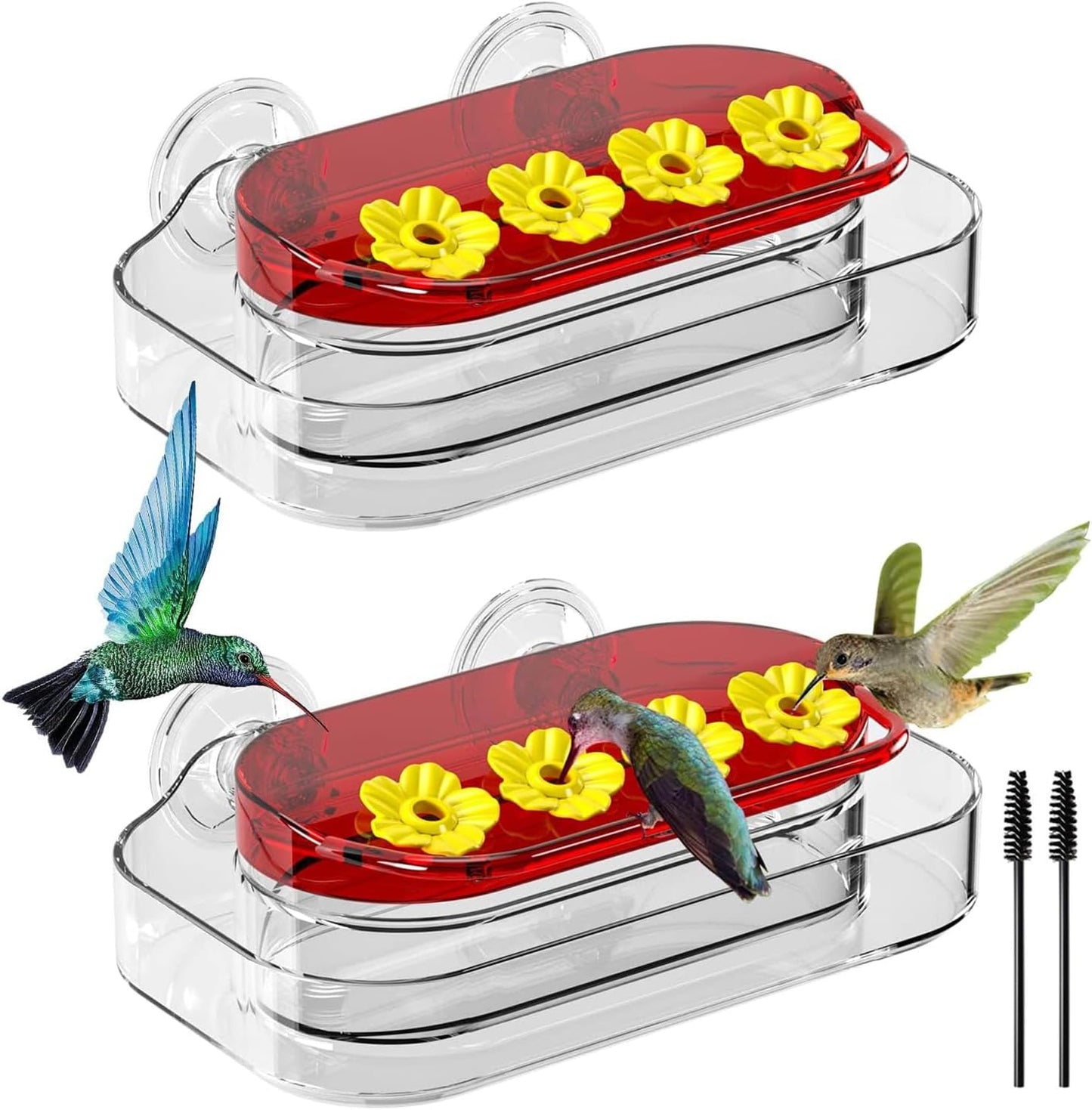 Redboat Hummingbird Feeder - 2 Pack Window Design with Strong Suction Cups & 4 Feeding Ports | Easy Clean, 10oz
