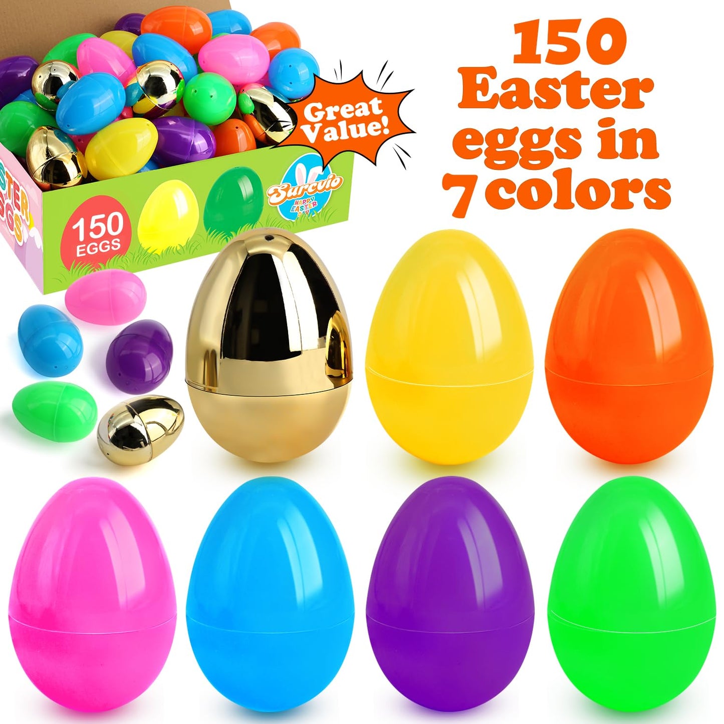 [6 Surprise Golden Eggs] 150 Pack 3 Inch Large Easter Eggs, Empty Easter Eggs Fillable, Bright Colors Plastic Eggs Bulks for Easter Hunt, Easter Party Favor, Basket Stuffers Fillers
