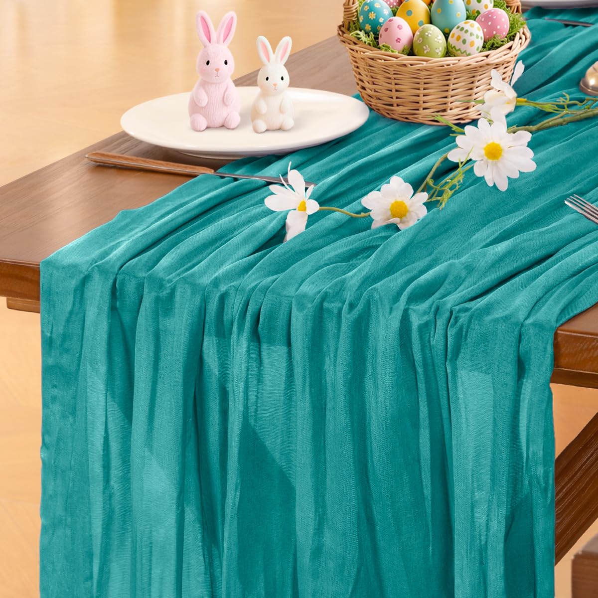 Socomi Teal Blue Easter Spring Cheesecloth Table Runner Boho Rustic Gauze 120 inch 10FT Cheese Cloth Runner for Wedding Party Baby Shower Birthday Home Decor
