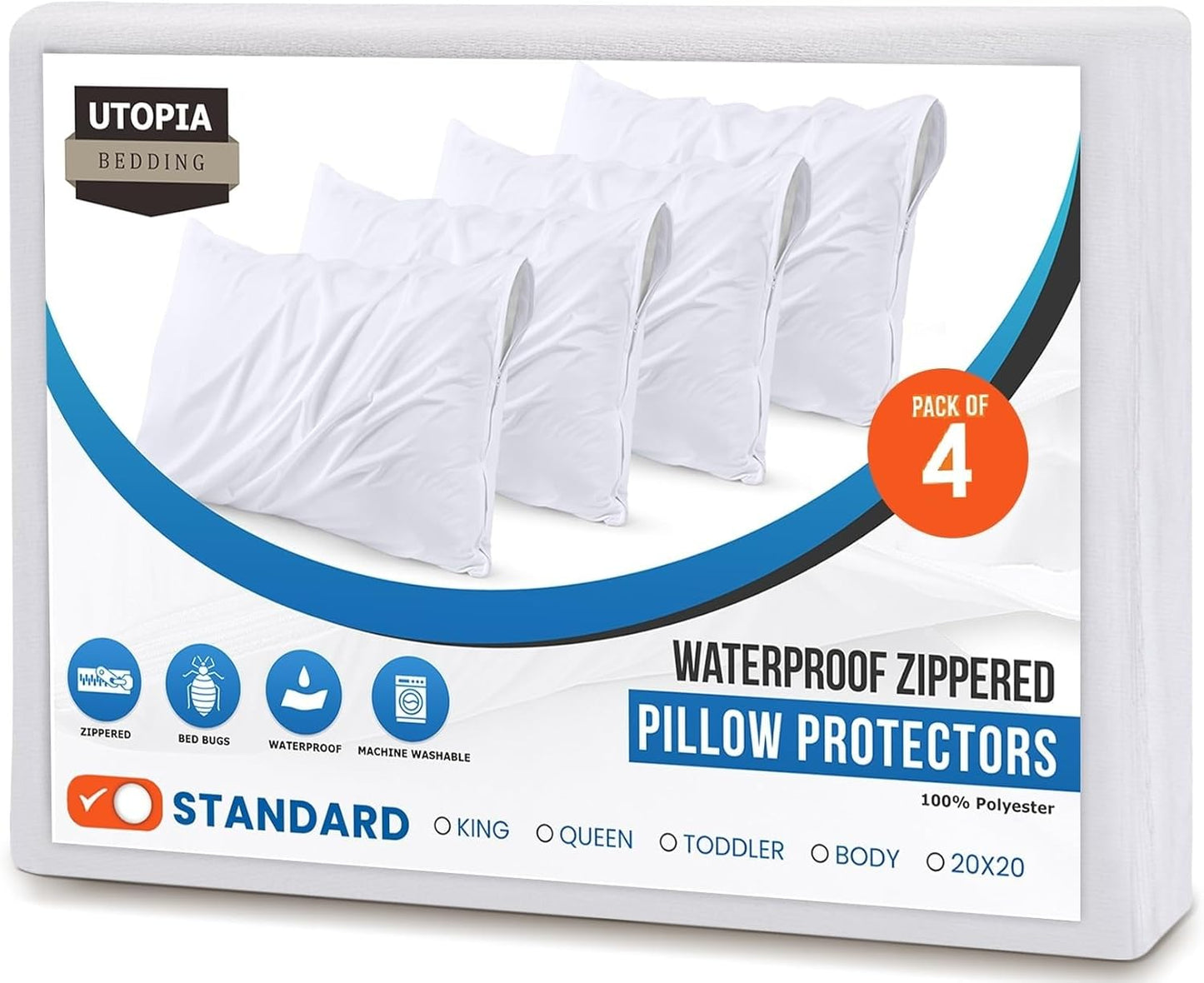 Utopia Bedding Pillow Protectors - Set of 4 Zippered Standard Size, Waterproof & Dust Mite Proof (White)