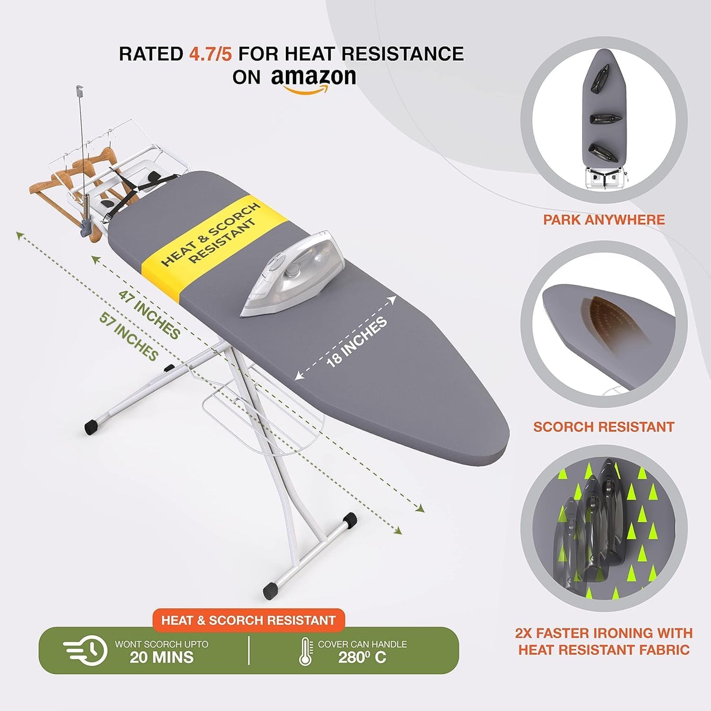 Xabitat Full Size Ironing Board - 57" X 18" | Durable Metal Construction with Wall Mount Hanger & Iron Caddy