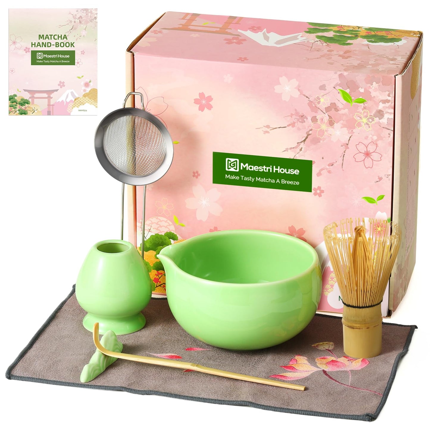 Maestri House Matcha Whisk Set, 7-Pc Complete Matcha Kit with Spouted Ceramic Bowl, Bamboo Whisk and Holder, Scoop, Spoon Rest & Sifter, Tea Cloth – Ideal Gift for Matcha Lovers (Green)