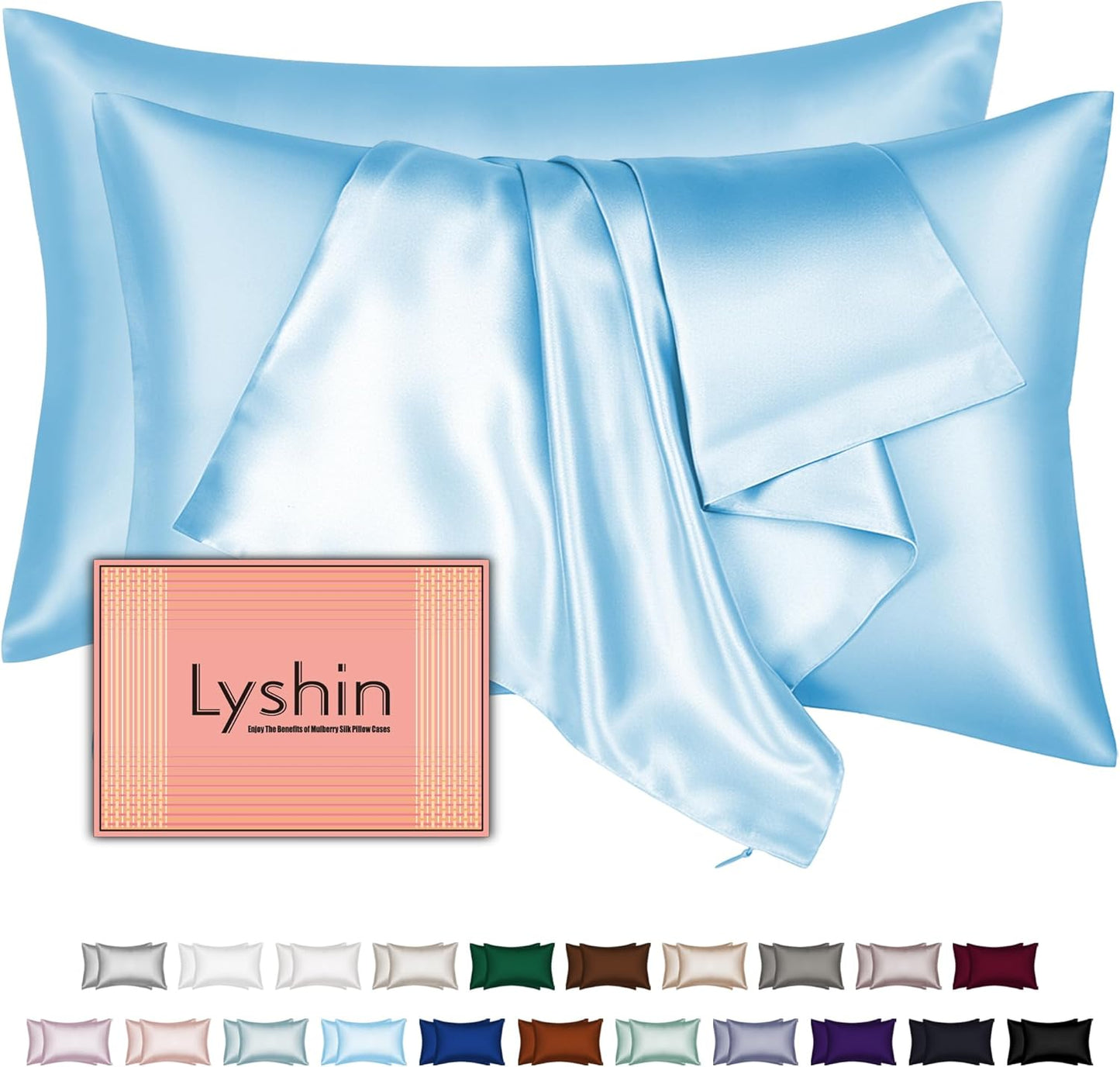 Skiennix Silk Pillowcases - 2 Pack Standard Size | Mulberry Silk for Hair & Skin, Sky Blue