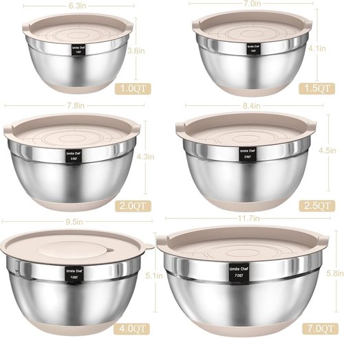 **Stainless Steel Mixing Bowls Set by [Brand Name] - 26PCS with Airtight Lids & Grater Attachments | Non-Slip Bottoms**