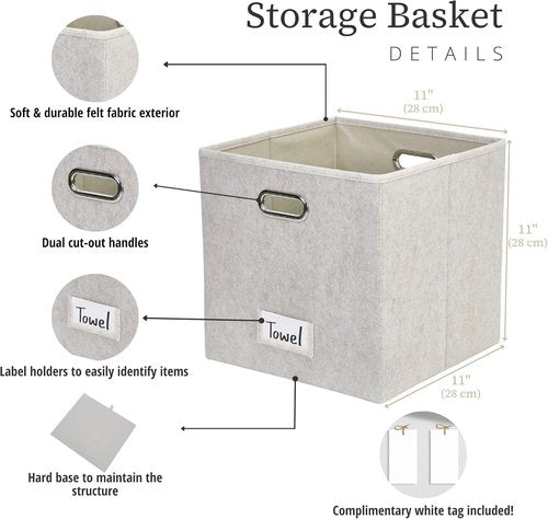 DECOMOMO Felt Storage Bins - 11-Inch Cube Storage Bins with Labels for Kallax Shelves | Beige (Set of 6)