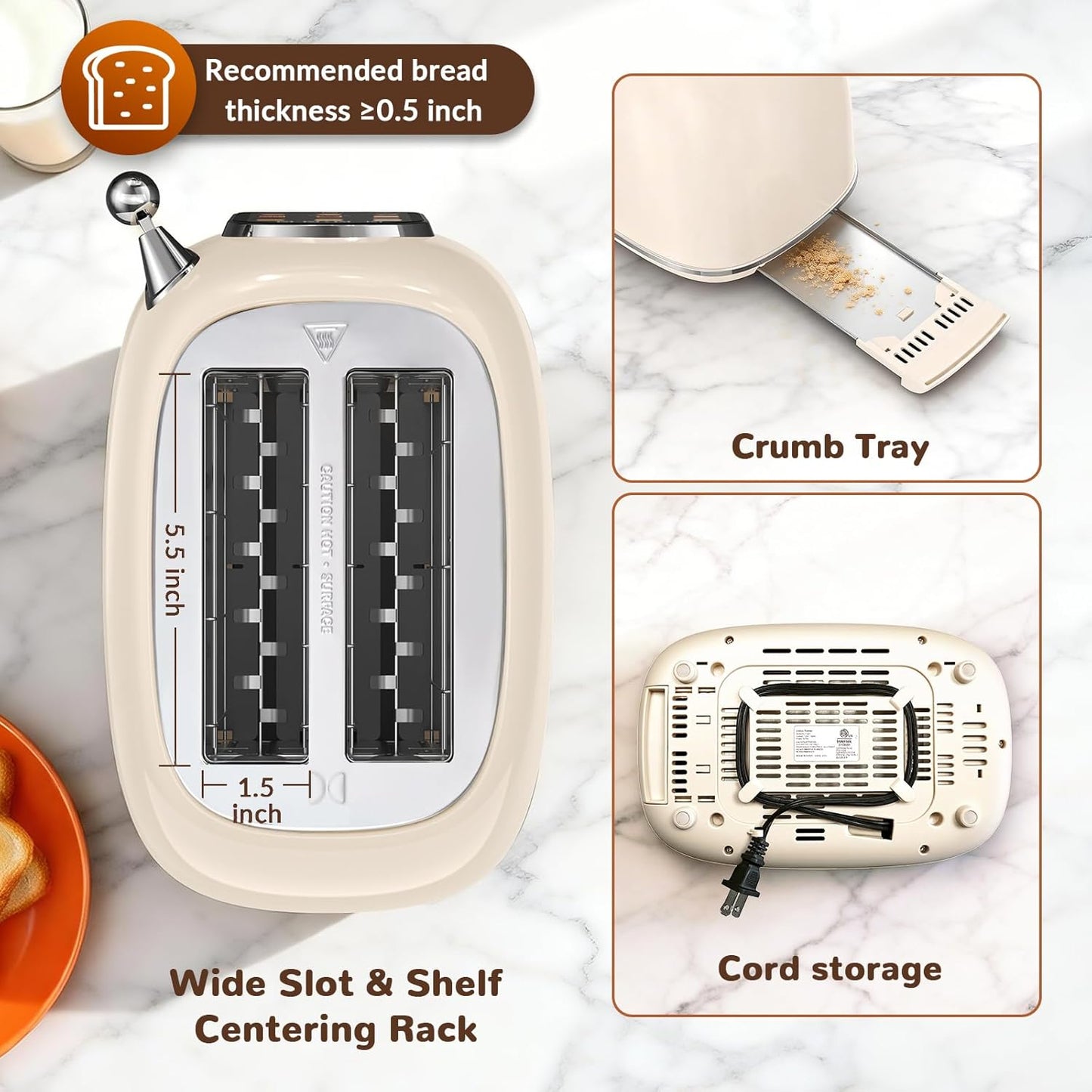 Mecity 2-Slice Toaster - Touch Screen Retro Design for Breads, Bagels & Muffins | Cream Color, 120V 825W