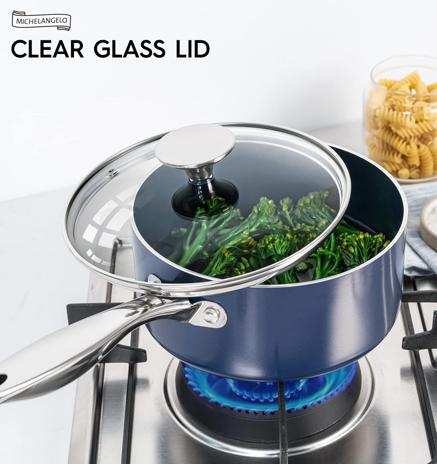 Michelangelo Nonstick Ceramic Saucepan - 1 Quart with Lid & Stainless Steel Handle - Blue