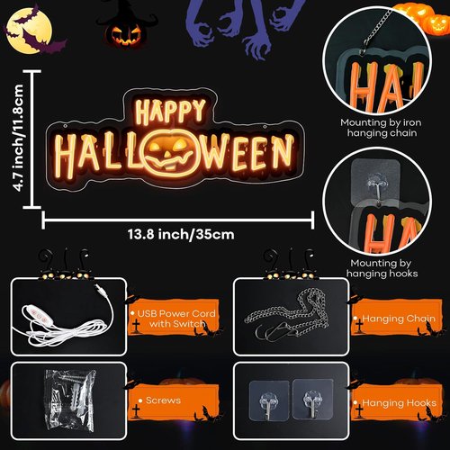 Happy Halloween Neon Sign - Dimmable Black & Orange LED Light for Spooky Party Decor | UV Print