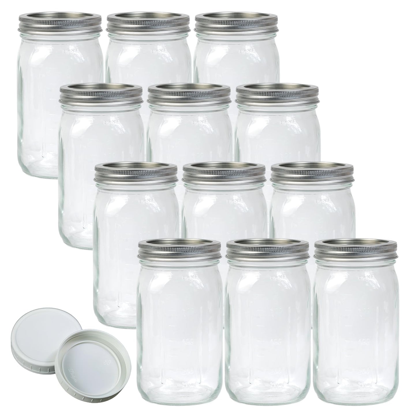 Jumterlee Wide Mouth Mason Jars 32 oz 12Pcs, Canning Jars with Airtight Lids and White Plastic Mason Jar Lids with Silicone Rings for Overnight Oats, Food Storage, Dry Food, Snacks, Candies and More