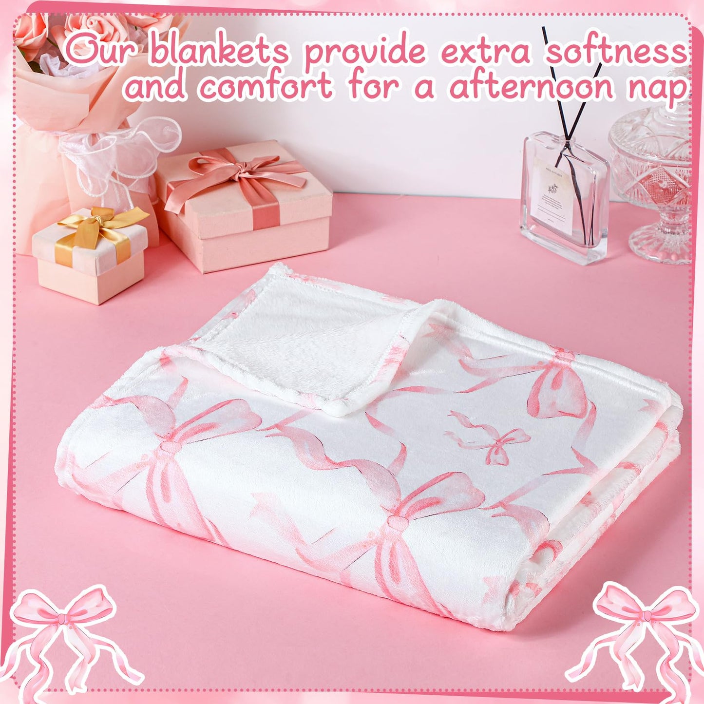 Buryeah Pink Bow Throw Blanket 50"x60" Ultra Soft Flannel Coquette Aesthetic Blanket for Girls Women Preppy Room Decor for Bed Sofa Spring Wedding Mother's Day Graduation Back to School Gift
