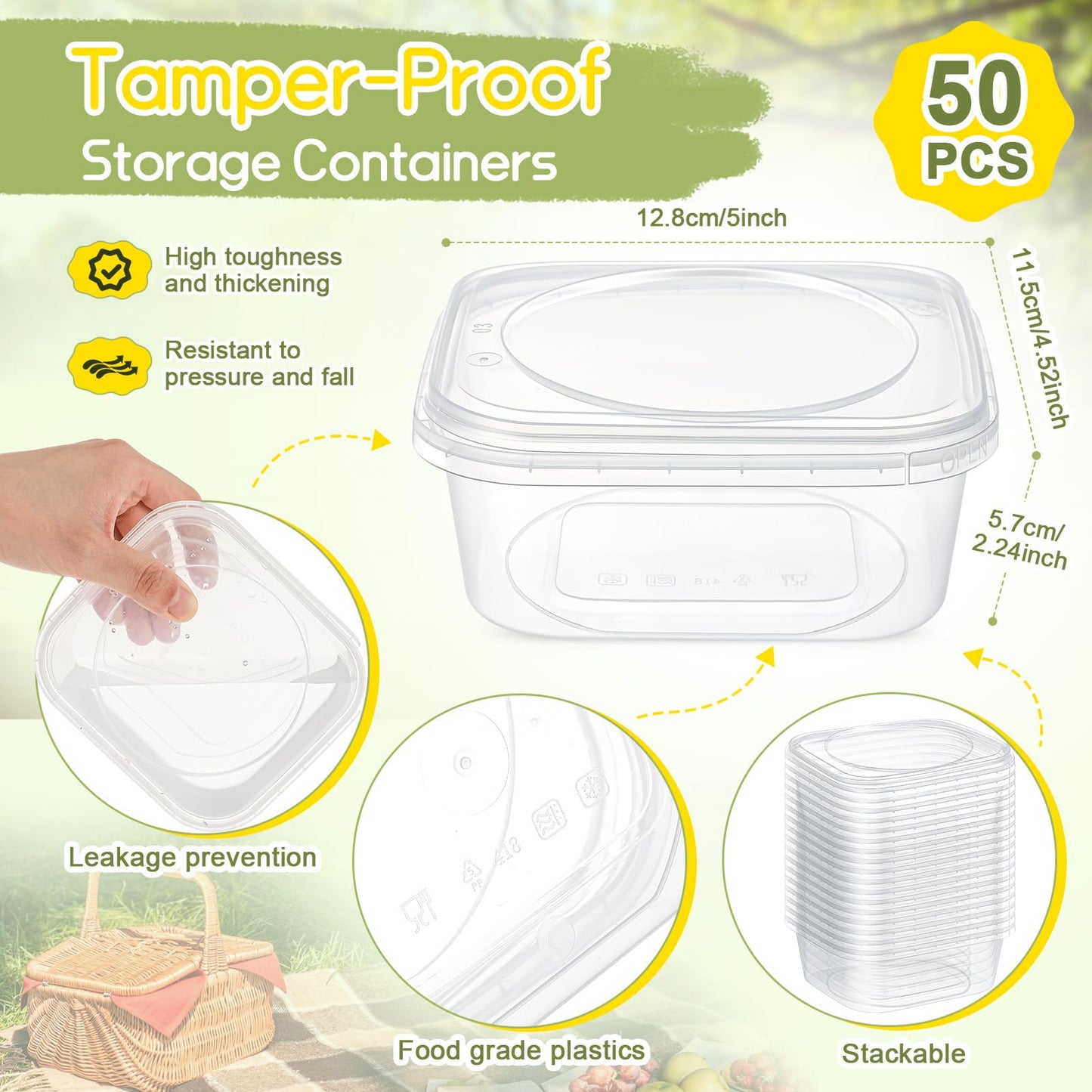 Yiyiring 50 Pack 16 oz Tamper Proof Clear Deli Containers with Lid Disposable Square Plastic Deli Sandwich Tiramisu Airtight Meal Container for Refrigerator Dishwasher Microwave Take out Kitchen