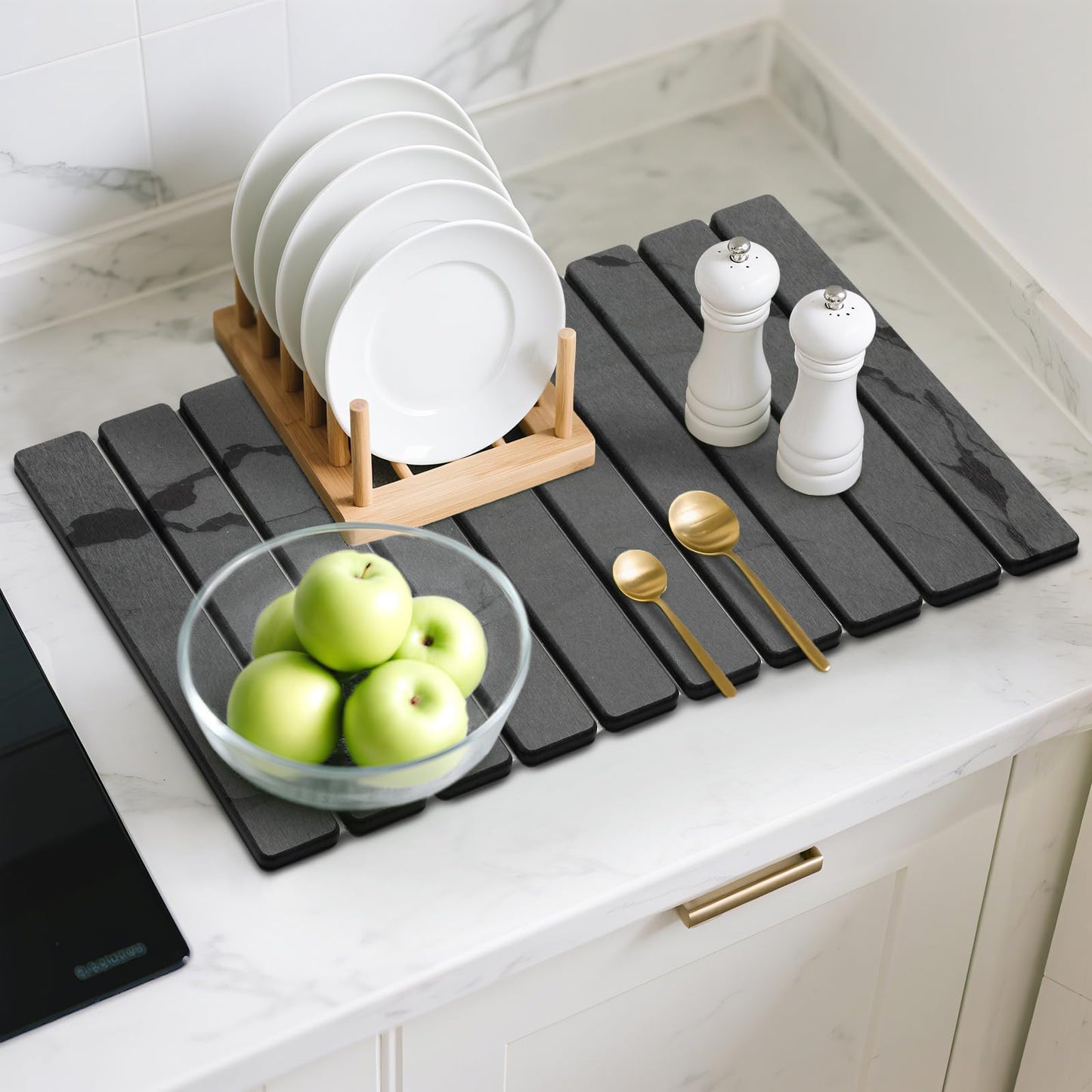 Large Stone Dish Drying Mat for Kitchen Counter, 2PCS Quick Dry Stone Dishes Mat,Foldable Water Absorbing Diatomaceous Drying Organizer Pad for Plates Rack Bottles Utensils(Dark Gray 24"×16" & 8"x4")