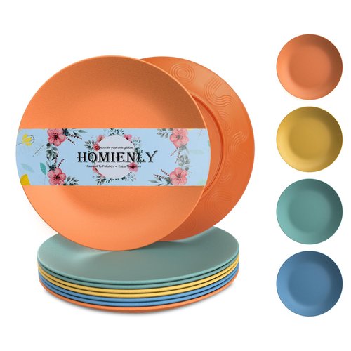 Homienly Wheat Straw Plates Unbreakable Flat Salad Plates Set of 8 Reusable Dinner Plate for Kitchen, Camping, RV, Microwave and Dishwasher Safe Plate Heavy Duty Paper Plates Alternative (Multi, 9in)