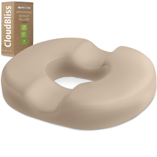 CloudBliss Donut Pillow Seat Cushion Chair Pad for Tailbone Pain Relief and Hemorrhoids, Memory Foam Seat Chair Cushion for Men and Women for Home & Office, (Khaki-2XL)