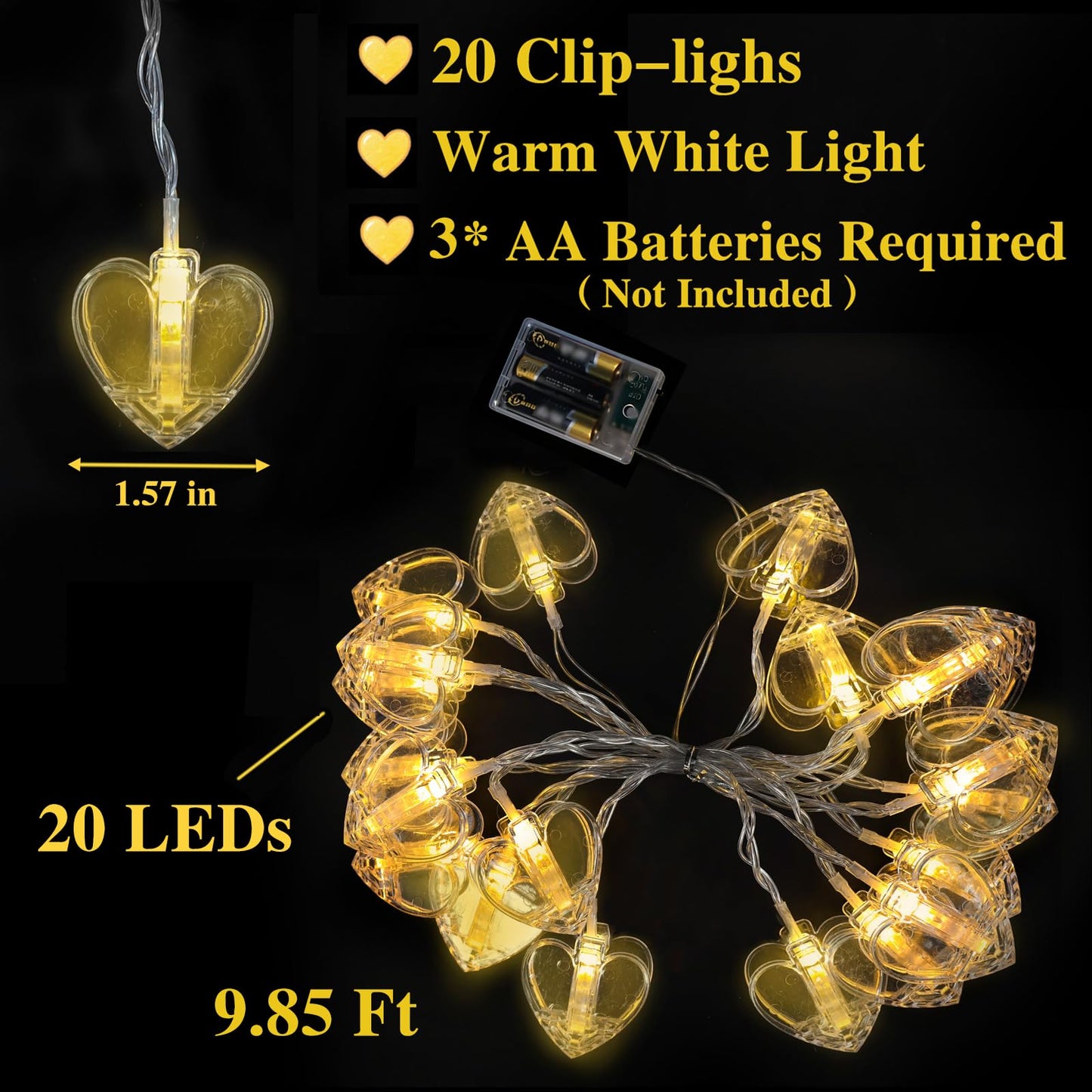 20 Photo String with Clips for Hanging Pictures,9.85Ft Clear Photo Clip Lights for Indoor/Outdoor Wall Bedroom Wedding Birthday Party Home Decorations (Heart)