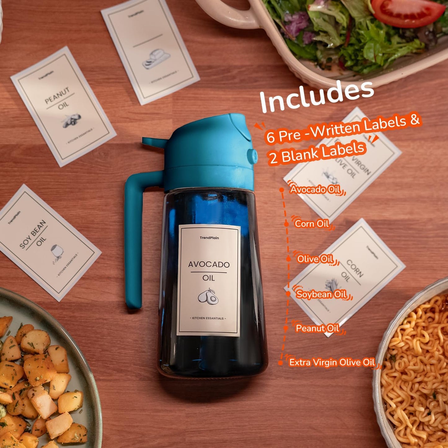 TrendPlain 16oz Blue Glass Olive Oil Sprayer - 2-in-1 Dispenser for Cooking, Air Fryer & BBQ (Black & Navy)