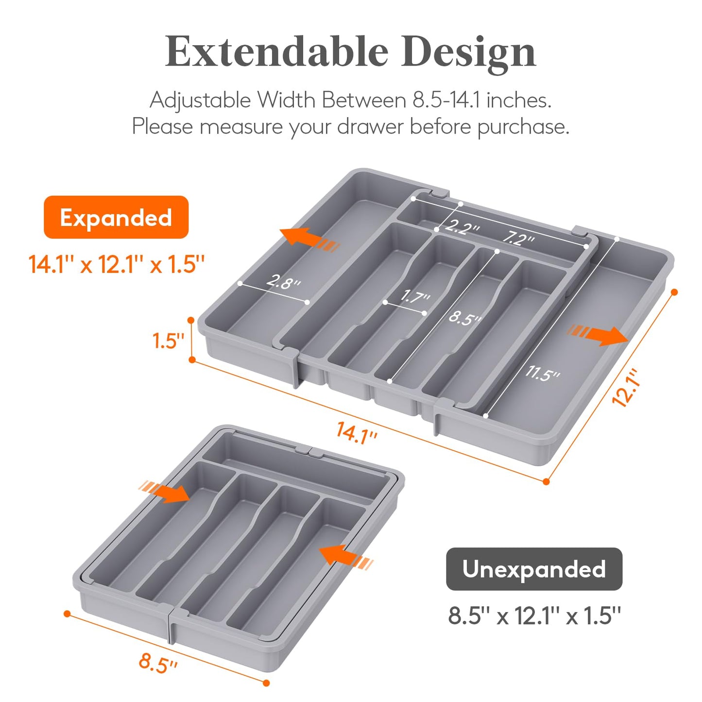 Lifewit Silverware Drawer Organizer, Expandable Utensil Tray for Kitchen, BPA Free Flatware and Cutlery Holder, Adjustable Plastic Storage for Spoons Forks Knives, 8.5-14 x 12", Gray