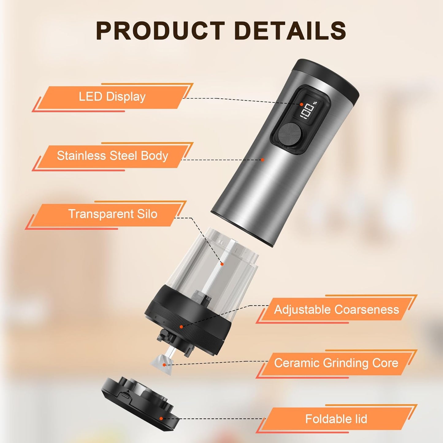 Skiennix Electric Salt and Pepper Grinder Set - Rechargeable Stainless Steel Mill with 2-Speed Settings & LED Light | 100ml Capacity