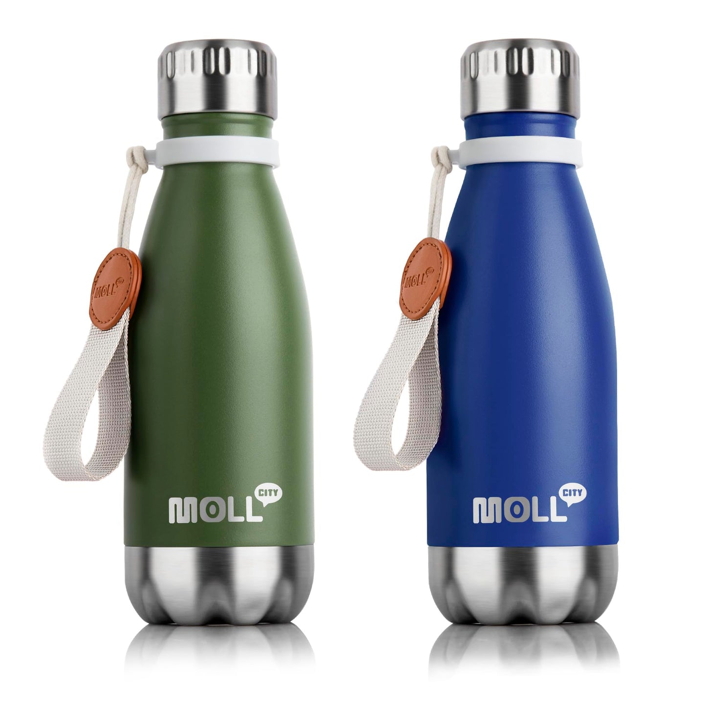 Mollcity Kids Water Bottle-9 oz Stainless Steel Vacuum Insulated Waters Bottle for Kids for School, Leak Proof Cola Shape Travel Small Water Bottle for Boys (Grass Green-Navy)