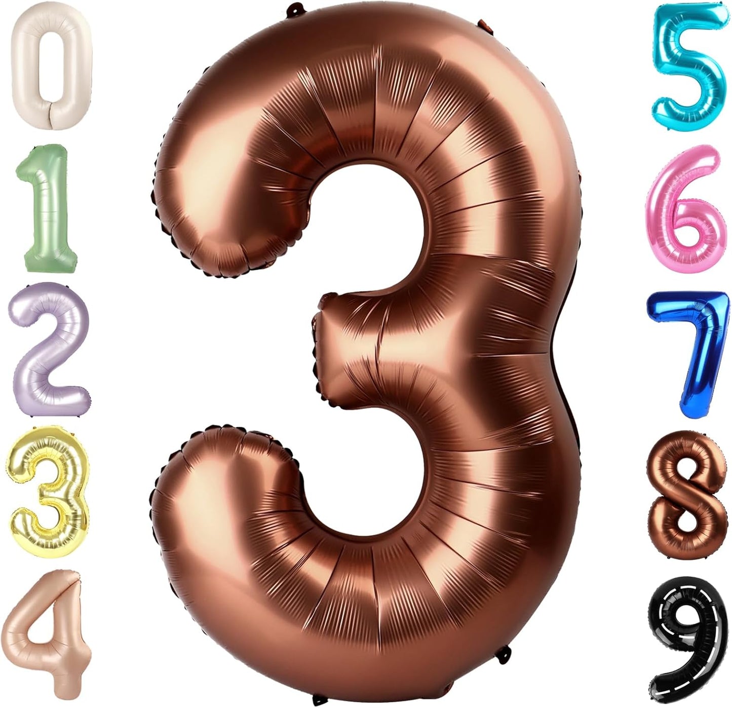 Numbers Balloon 3 - 40 Inch Large Coffee Brown Birthday Balloon for Three Year Old Decor