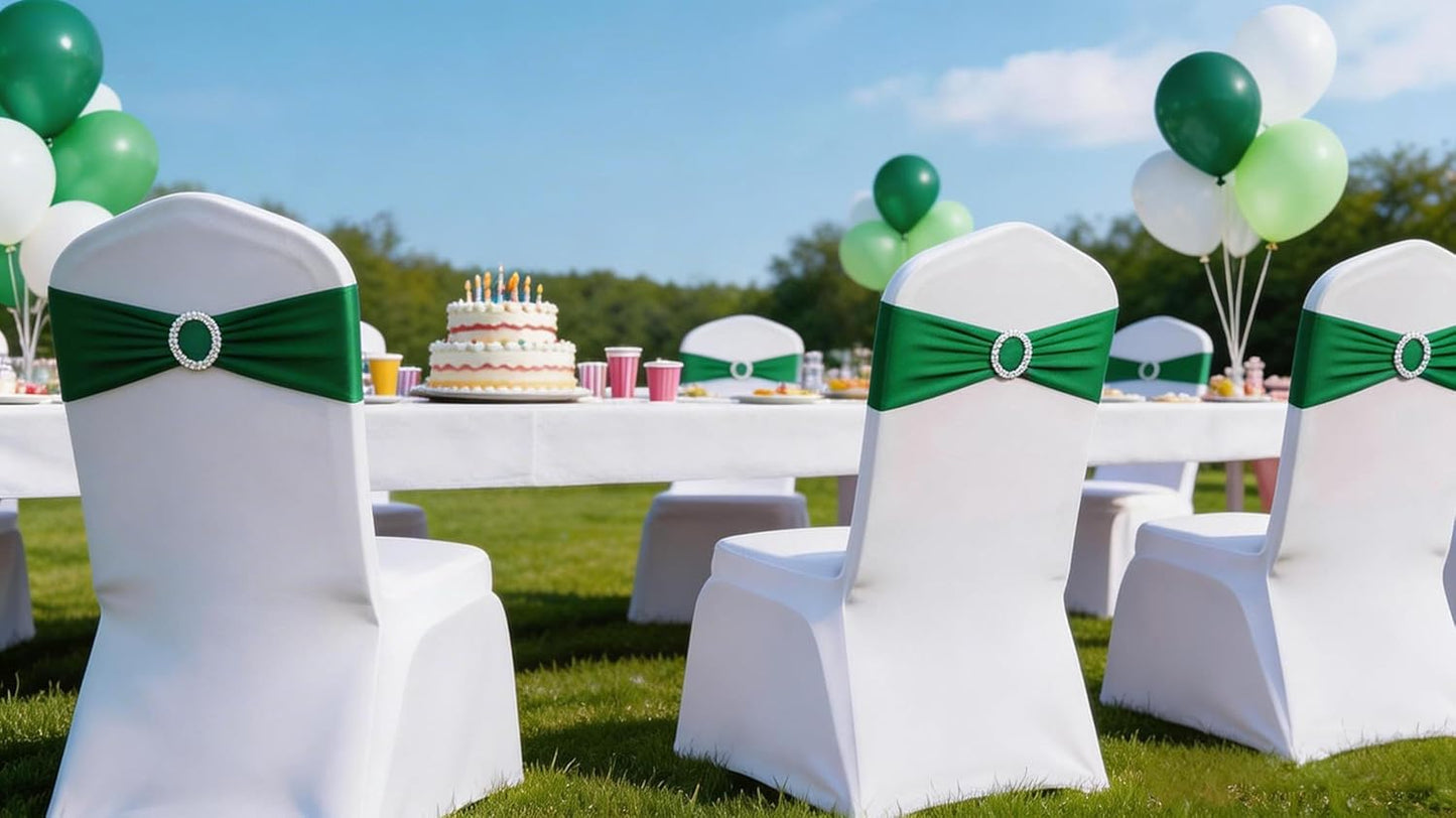 Skiennix 50 Pack Dark Green Spandex Chair Sashes - Adjustable Slider Buckles for Weddings & Events