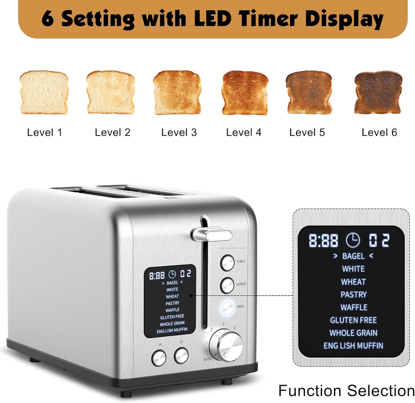 Skiennix 2-Slice Bagel Toaster - Stainless Steel with LED Timer & 6 Browning Levels | 825W Power