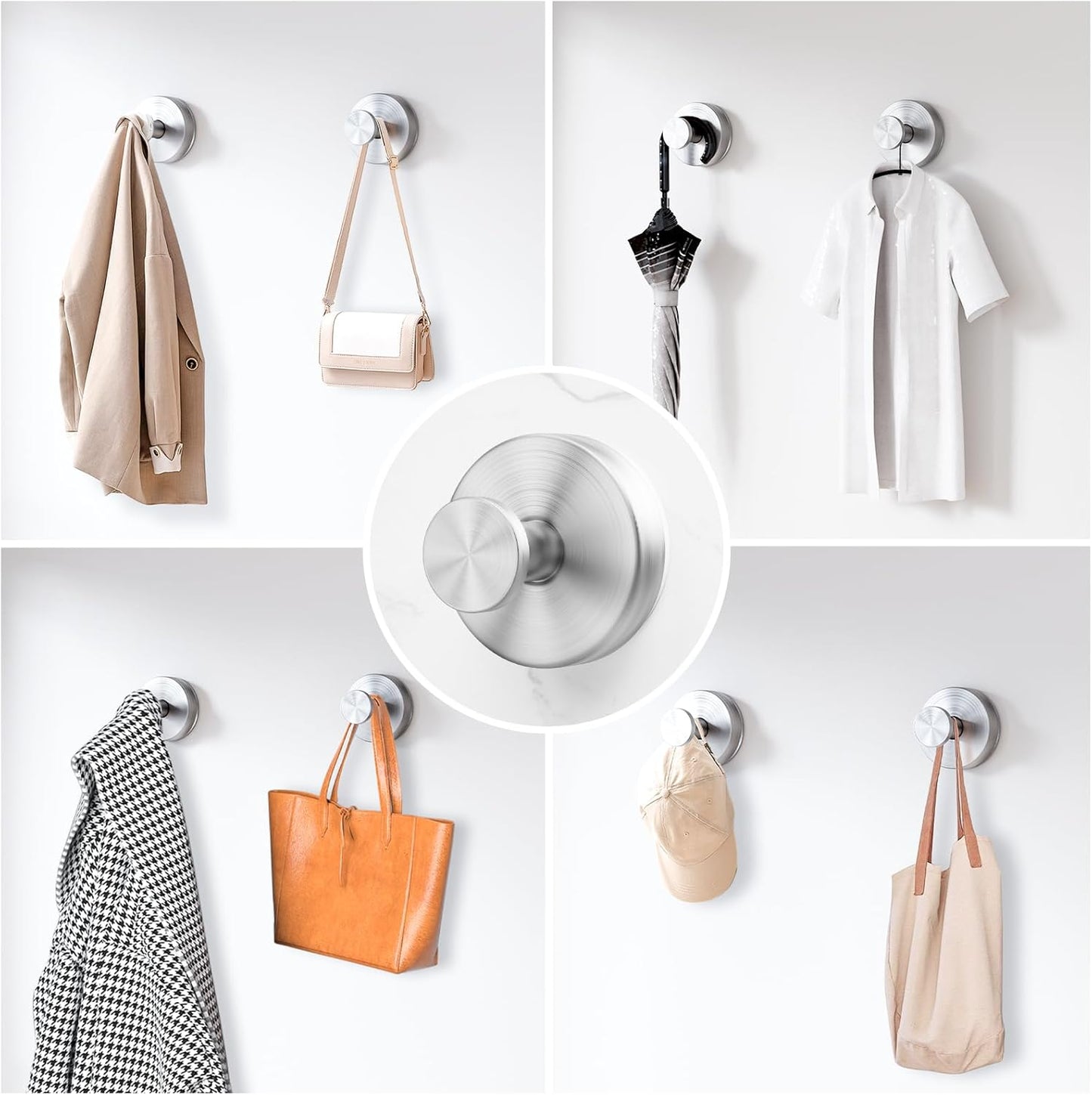 Skiennix Suction Cup Hooks - Removable Bathroom Shower Wall Holders | 2 Pack Silver for Towels & Wreaths