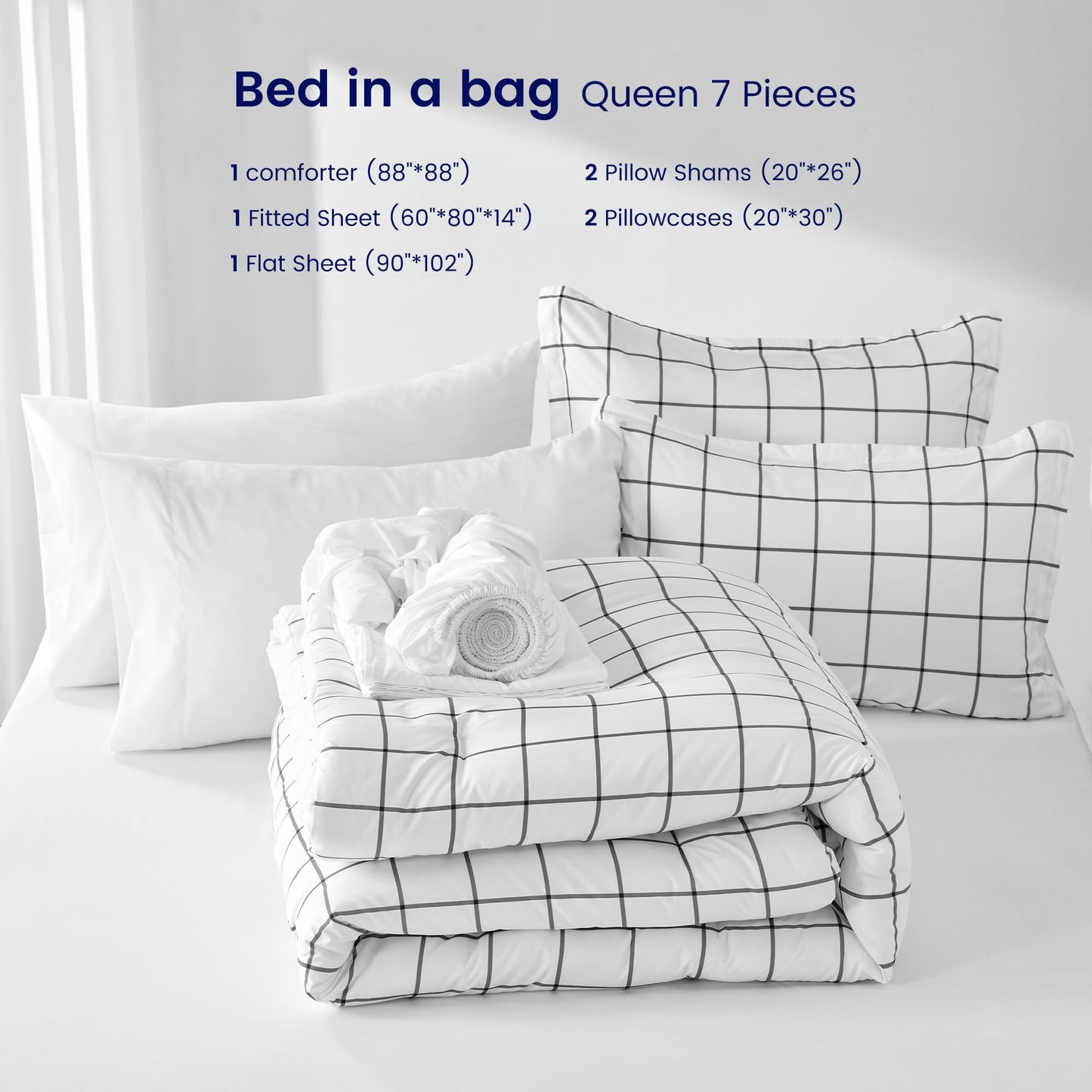 SLEEP ZONE 7 Pcs Comforter and Sheet Set Queen Size, Grey Grid Luxury Fluffy Soft Down Alternative Comforters with Flat Sheet, Fitted Sheets, Pillowcase, White